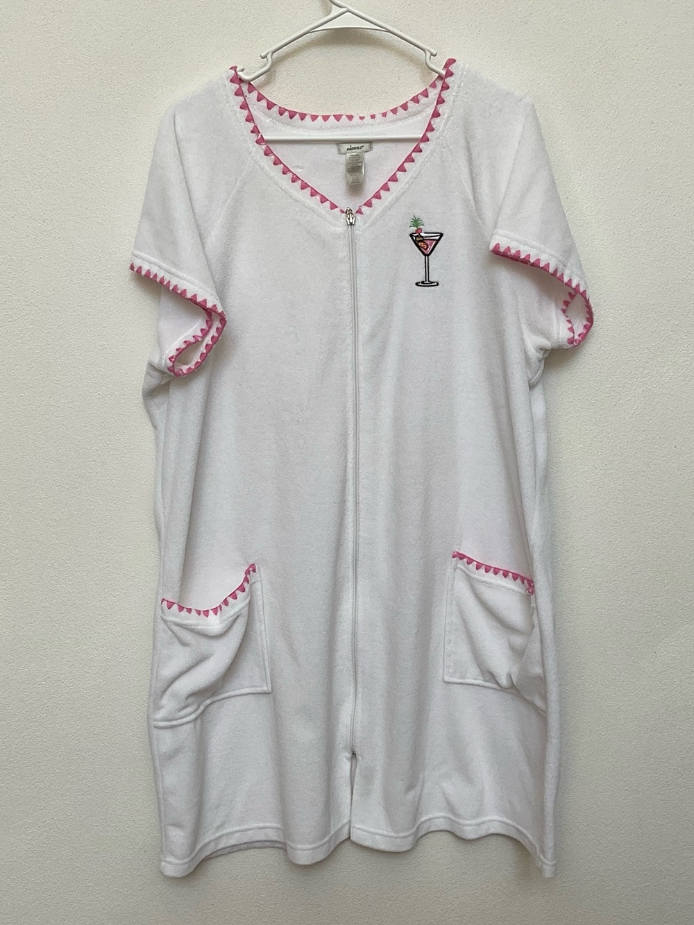 Adonna White With Pink Trim Full Zip Terry Cloth Short Sleeve Cover Up Size XXL